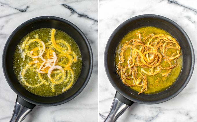 French Fried Onions in the pan at the start and end of frying.