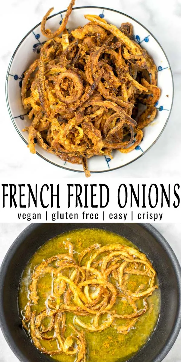 These French Fried Onions are easy to make at home and so versatile. Not only a holiday staple for many dishes, it will be a hit the whole year. No one would ever guess these are naturally vegan and taste like gourmet food from a restaurant. #vegan #dairyfree #glutenfree #vegetarian #dinner #lunch #mealprep #contentednesscooking #comfortfood #frenchfriedonions #holidayfood #condiment