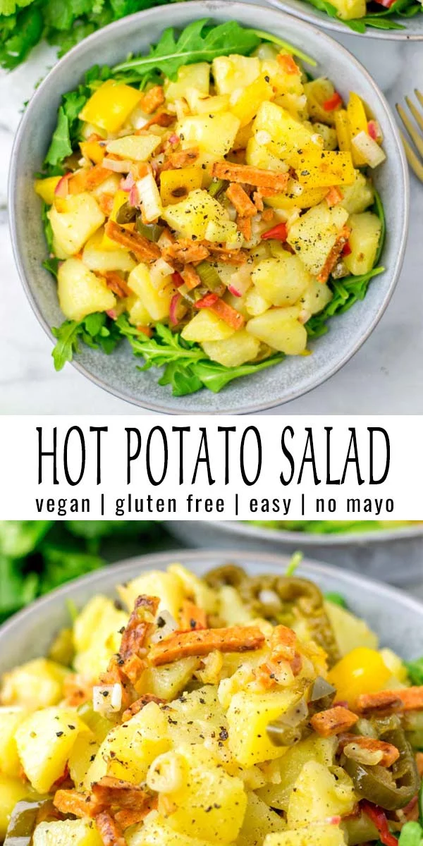 This Hot Potato Salad is so satisfying, bursting with flavors and mayo free. Once you've tried it no one would resist a second or third plate. #vegan #dairyfree #glutenfree #vegetarian #budgetmeals #comfortfood #potatosalad #hotpotatosalad #dinner #lunch #mealprep #conteentednesscooking 