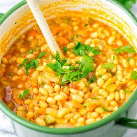 Navy Bean Soup in a large green pot.