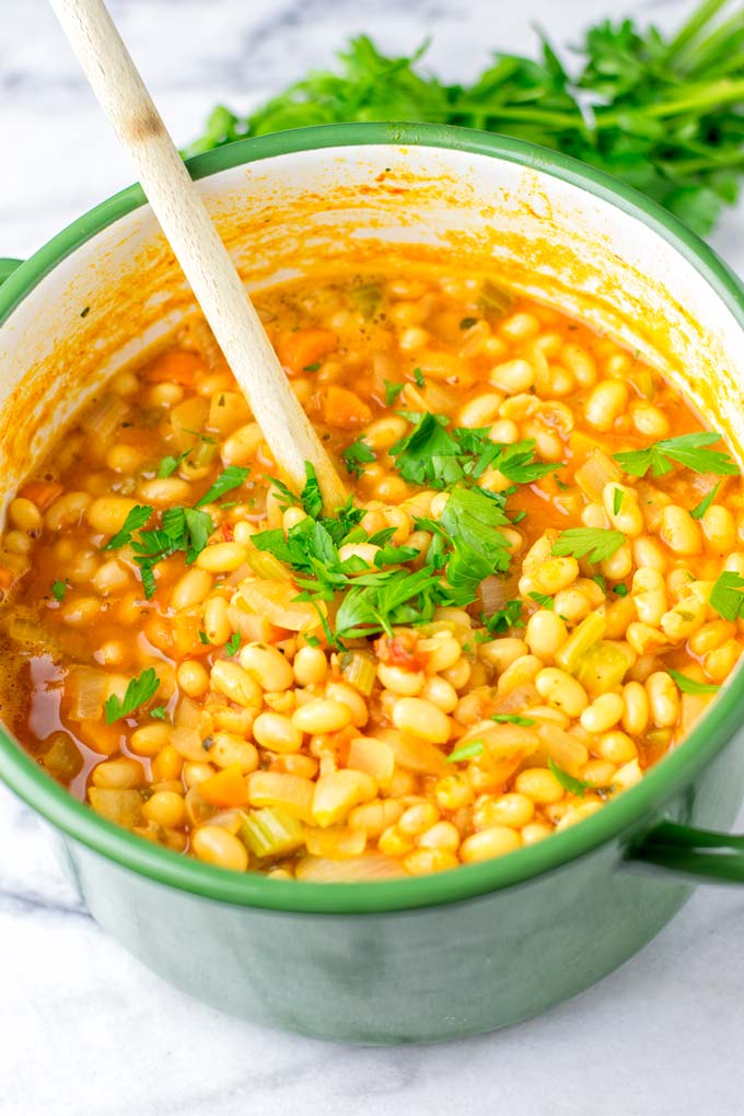 Navy Bean Soup in a large green pot. 