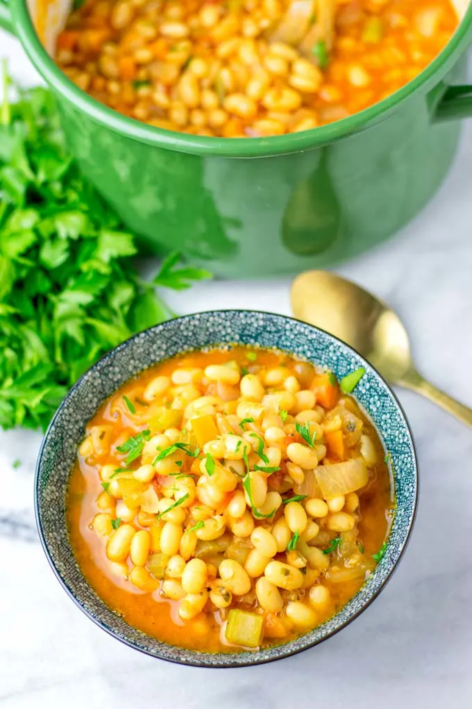 Made from soaked dry beans, this soup takes about 1.5 hours to make.