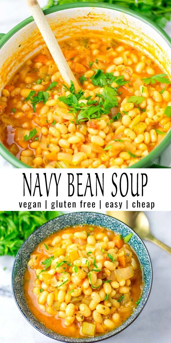 Budget friendly and so filling: this Navy Bean Soup is super easy to make and so delicious. A keeper that the whole family will love, even the pickiest kids. Vegan and gluten-free. #vegan #dairyfree #glutenfree #navybeansoupvegetariian #navybeansoup #contentednesscooking #comfortfood #mealprep #dinner #lunch #onepotmeals #familymeals