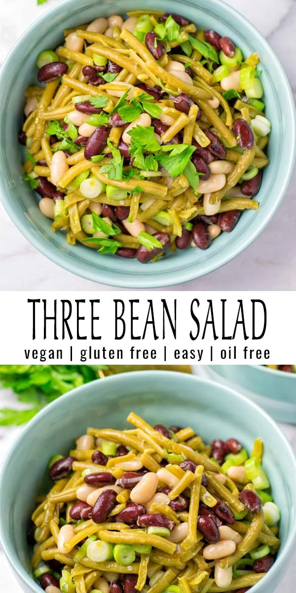 Easy and delicious this Three Bean Salad not only made with 3 sorts of beans, it also comes with the most delicious oil free dressing you've ever imagined. A keeper that is ready in under 15 minutes that the whole family will want to eat every day. #vegan #dairyfree #glutenfree #contentednesscooking #vegetarian #dinner #lunch #mealprep #oilfreesaladdressing #threebeansalad #budgetmeals 