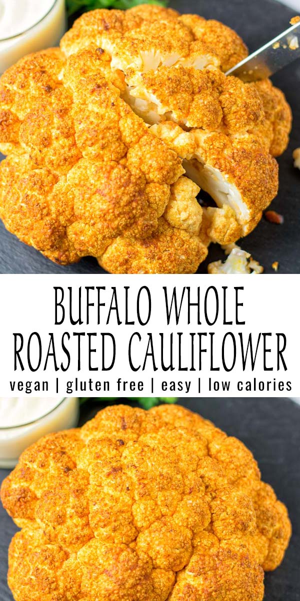 This Whole Roasted Cauliflower is made with Buffalo sauce and Buffalo spices for the best tasting cauliflower you've ever made. An easy vegan everyday recipe that is good as a main or side dish, versatile and perfect for weekday lunches and dinners. An excellent meal prep option, this Buffalo Whole Roasted Cauliflower can be made in advance. #vegan #glutenfree #dairyfree #vegetarian #dinner #lunch #contentednesscooking #wholeroastedcauliflower #buffalocauliflower 