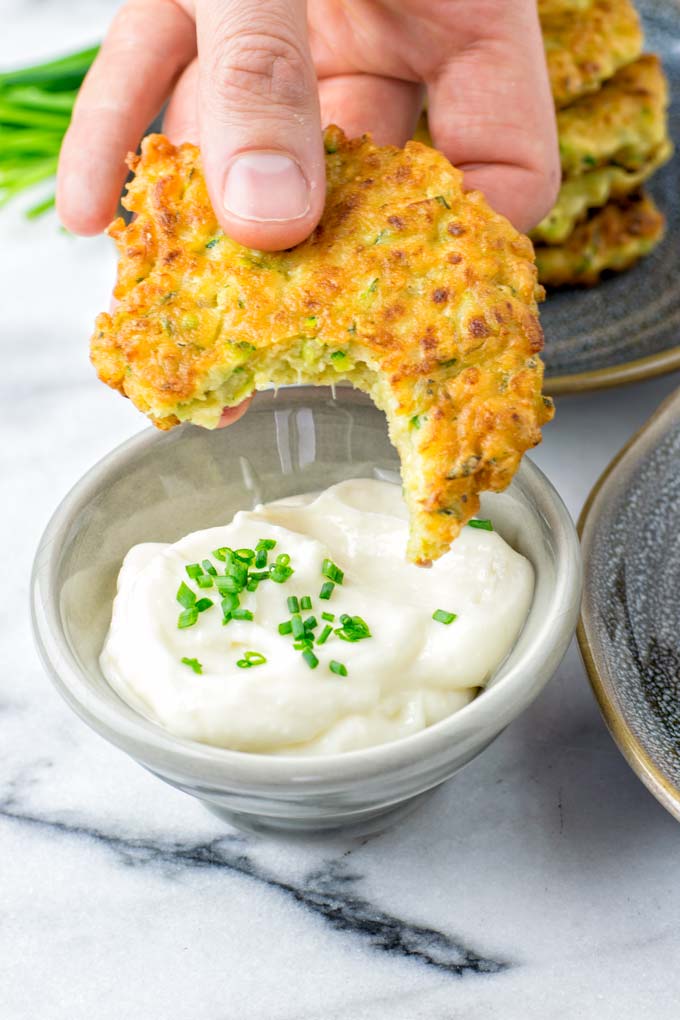 A bite has been taken from the Zucchini Fritters. Still firm!