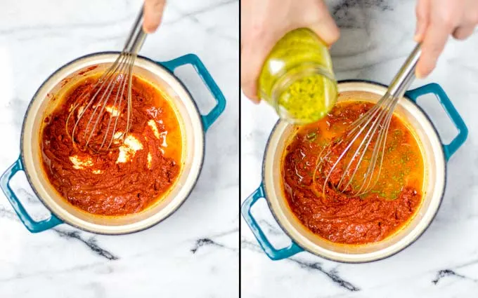 Whisking in the vegetable broth.