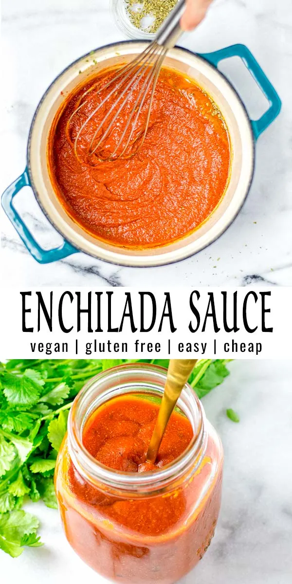 This Enchilada Sauce is easy to make at home and amazing for all your Mexican inspired meals, family dinners and meal prep. Make it now and let it become a staple in your kitchen. 100% vegan and gluten free. #Mexicanfood #vegan #enchilada #contentednesscooking #mealprep #chili