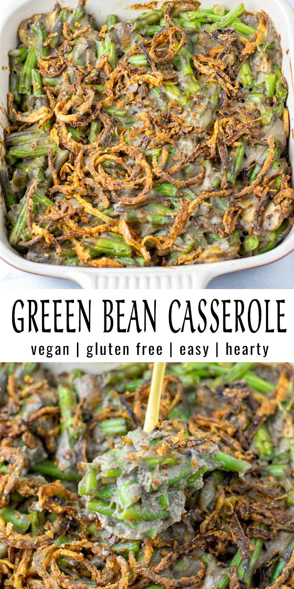 This Green Bean Casserole is made with a homemade mushroom soup and topped with French fried onions. It is easy to make with simple ingredients and no one could tell it is naturally vegan, tastes so much like the real deal. A keeper that everyone will love and should be on your holiday table. But also delicious the whole year. #vegan #dairyfree #glutenfree #vegetarian #comfortfood #dinner #holidayfood #mealprep #greenbeancasserole #familydinner #contentednesscooking #kidsmeals #thanksgiving #christmas