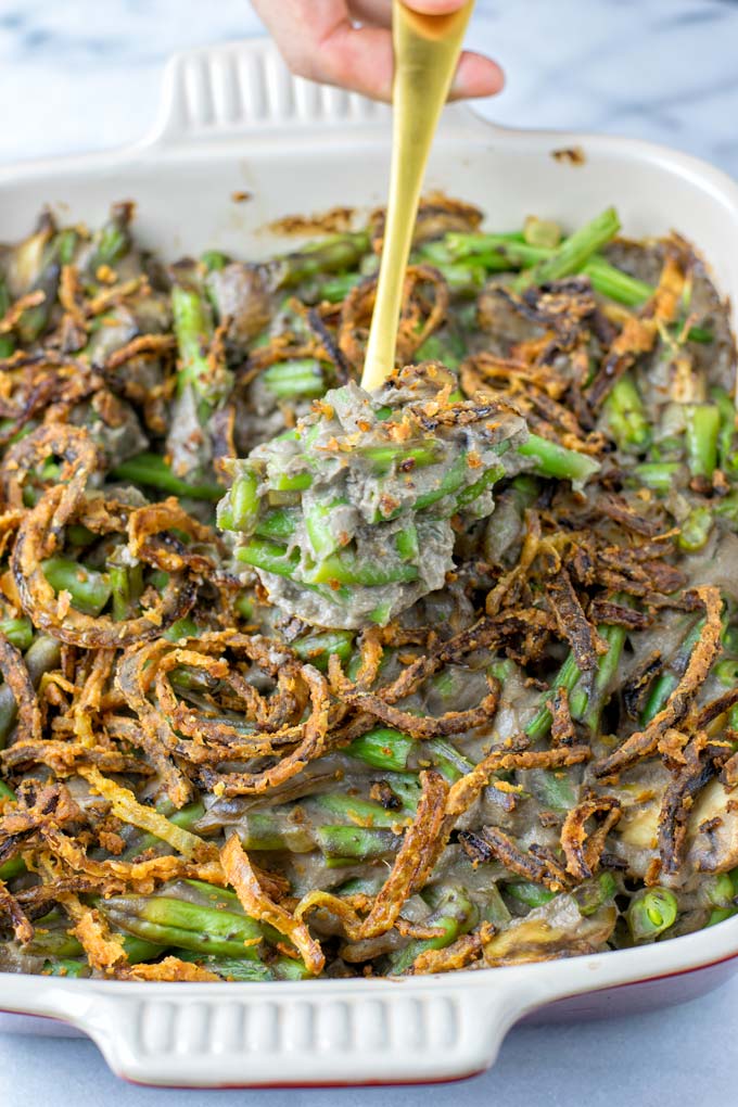 This vegan Green Bean Casserole is perfect comfort food for Thanksgiving and Christmas.