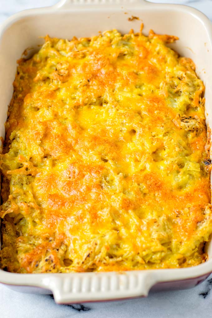 Golden baked Hashbrown Casserole fresh from the oven.