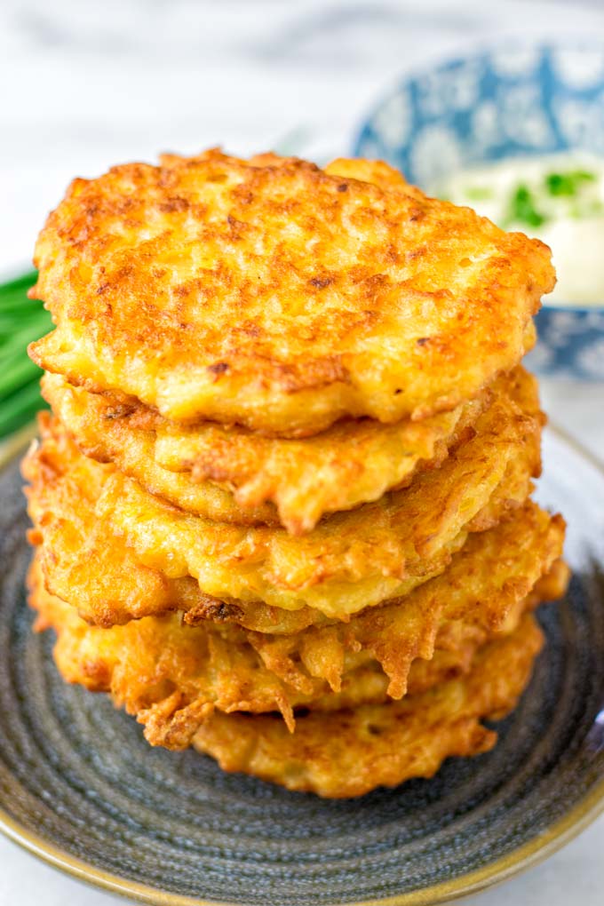 Closeup view of the golden fried potato cakes.