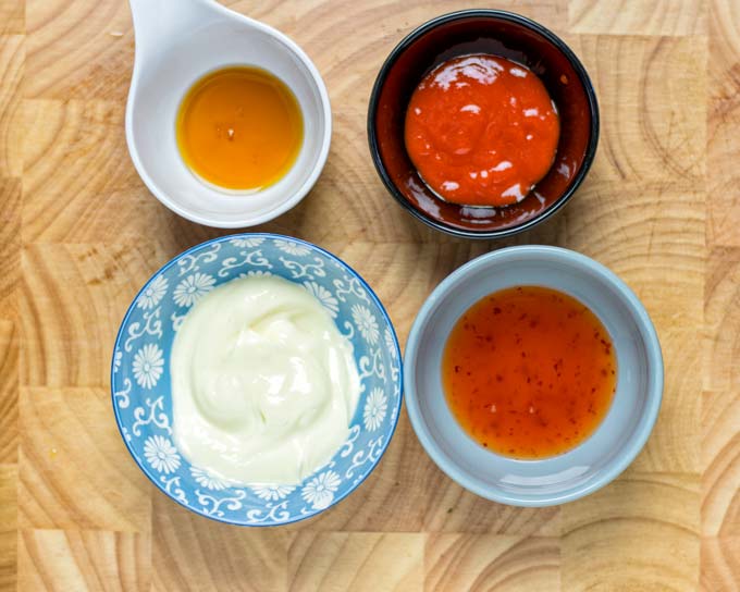 View of the four simple ingredients needed to make this vegan Bang Bang Sauce.