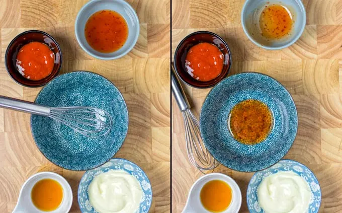 First steps: giving sweet chili sauce in a small bowl.