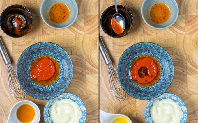 How to make this Bang Bang Sauce: adding Sriracha and maple syrup to this bowl.