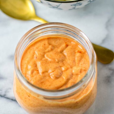 Jar of the ready vegan Bang Bang Sauce,