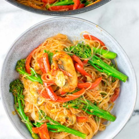 Portion of the Singapore Noodles in a small bowl.