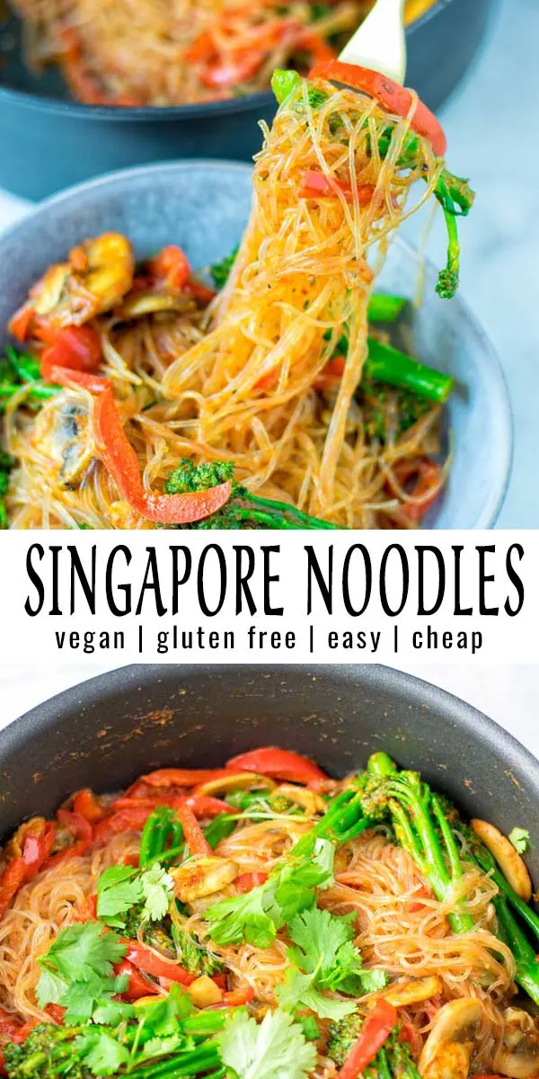 Simple and delicious these Singapore Noodles are a keeper that the whole family will love. Try them now and you won't even notice these are naturally vegan. #vegan #dairyfree #glutenfree #vegetarian #contentednesscooking #dinner #lunch #mealprep #betterthantakeout #singaporenooodles