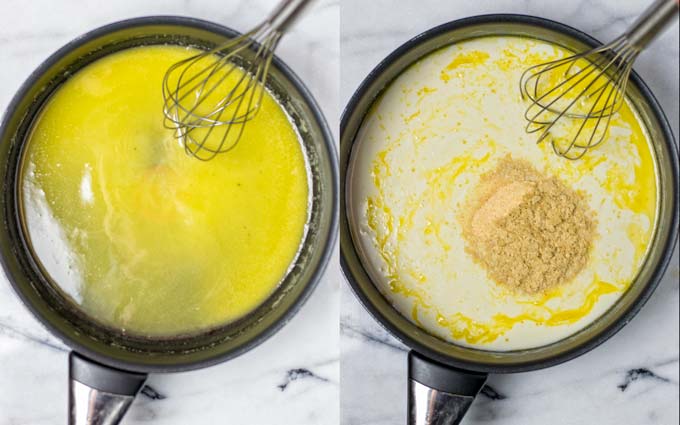 Making the creamy sauce starts with vegan butter.