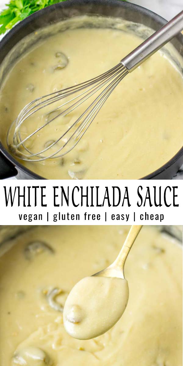 This White Enchilada Sauce is full of fantastic flavors, creamy, versatile and satiisfying. No one would ever tell it is vegan. Eat it up with your enchiladas or tortilla chips so yummy. #vegan #dairyfree #glutenfree #vegetarian #whiteenchiladasauce #contentednesscooking #dinner #lunch #mealprep #comfortfood