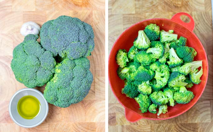 Broccoli heads are first chopped into coarse florets.