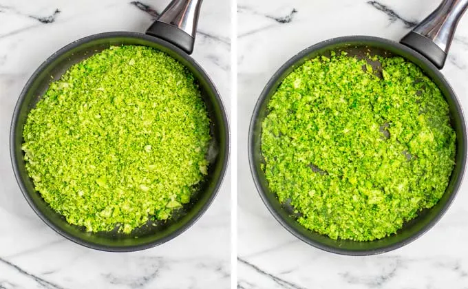 Frying the broccoli in a large pan.