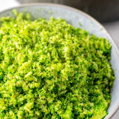 Closeup view of the Broccoli Rice in a large bowl.
