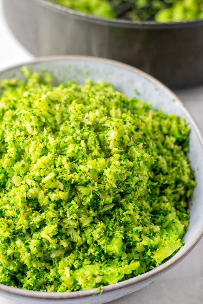 Closeup view of the Broccoli Rice in a large bowl.