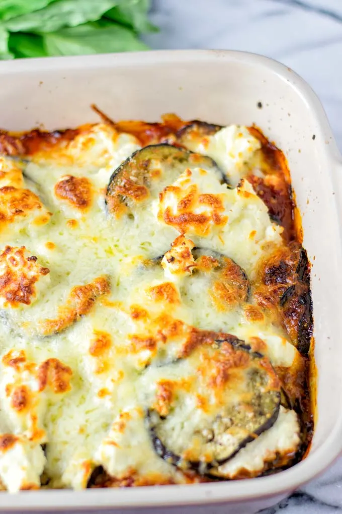 Finished eggplant lasagna in the baking dish,