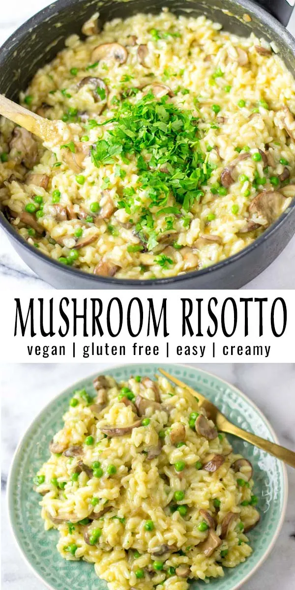 Easy and so impressive this Mushroom Risotto uses simple ingredients and tastes so delicious. No one would ever tell it is entirely vegan, so rich and creamy. #vegan #dairyfree #glutenfree #vegetarian #dinner #lunch #mealprep #contentednesscooking #mushroomrisotto 