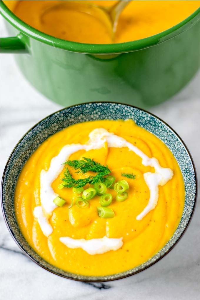 Delicious Sweet Potato Soup in a blue bowl.