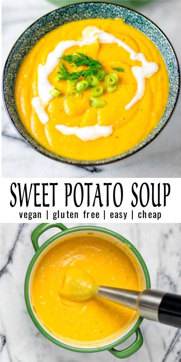 Simple, delicious and filling: this vegan Sweet Potato Soup is a keeper that the whole family will love for dinner, lunch, meal prep. Made with simple ingredients, high in flavor. Even the pickiest eaters are on board in no time. #vegan #dairyfree #glutenfree #vegetarian #dinner #lunch #mealprep #contentednesscooking #sweetpotatosoup