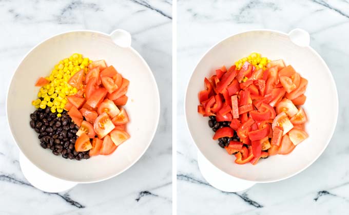 Making this Black Bean and Corn Salad is easy in a single large bowl.