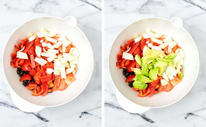 Black beans, onion, avocado, bell pepper, tomatoes, and corn are all one needs.