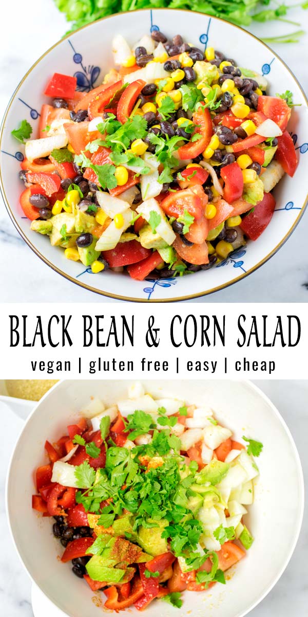 Easy and filling: This Black Bean and Corn Salad is made with a delicious vinaigrette that you will make on repeat. The whole family, even pickiest eaters, will go for a second or third bowl. #vegan #dairyfree #glutenfree #vegetarian #mealprep #dinner #lunch #contentednesscooking #budgetmeals #5minutedinner #blackbeansalad
