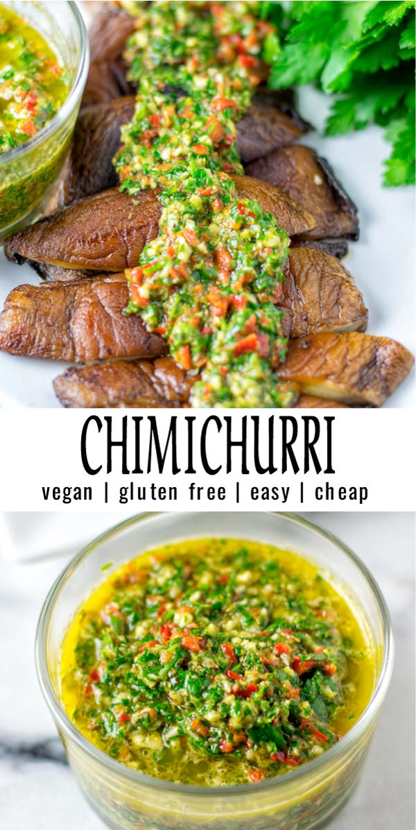 Easy, flavorful and versatile: this Chimichurri Sauce is made with simple ingredients, can be made 3 weeks in advance. Great for meal prep, dinner, lunch that everyone will eat and it's naturally vegan. #vegan #dairyfree #glutenfree #condiment #vegetarian #contentednesscooking #dinner #lunch #mealprep #chimichurri