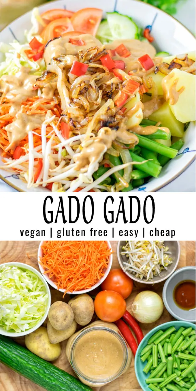 Easy and filling: this Gado Gado is made with simple ingredients and budget friendly. Naturally vegan, a keeper that even the pickiest kids will eat. #vegan #dairyfree #vegetarian #glutenfree #contentednesscooking #dinner #lunch #mealprep #gadogado 