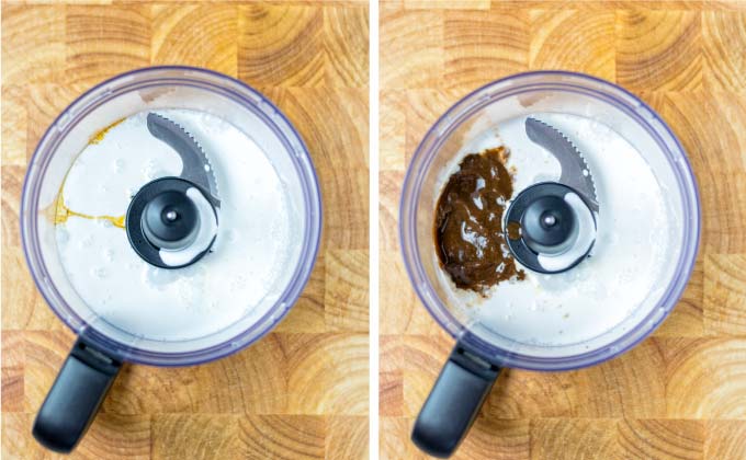 Combining tamarind paste and coconut milk in a food processor.