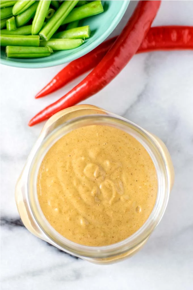 Yop view of the Gado Gado Sauce in a glass jar.