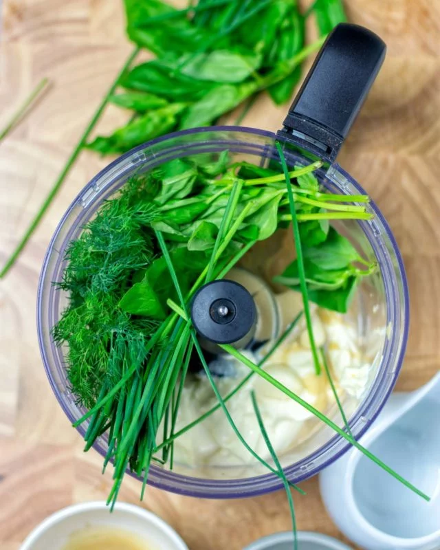 Fresh ingredients in a food processor.