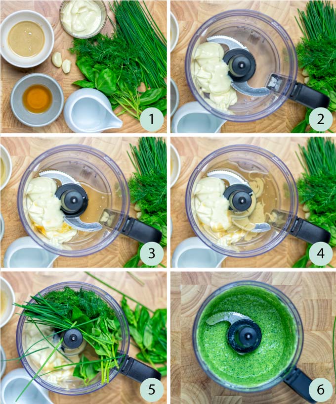 Step by step instructions how to make the Green Goddess Dressing.
