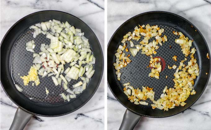 Onions and garlic are roasted for these Jamaican Rice and Beans.