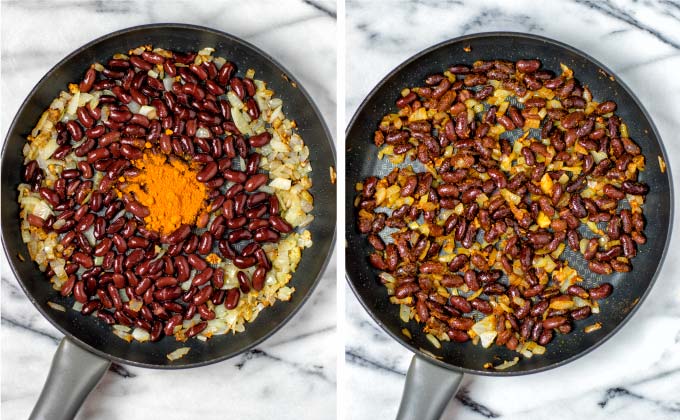 Mixing beans and onions with the spices. 