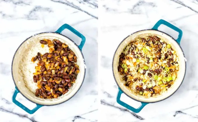 Finally the rice and the spiced beans are combined in a pot.