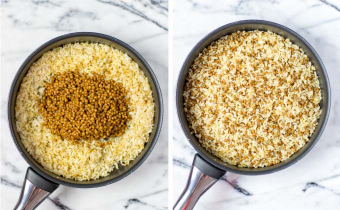 Adding cooked lentils to the spiced rice.