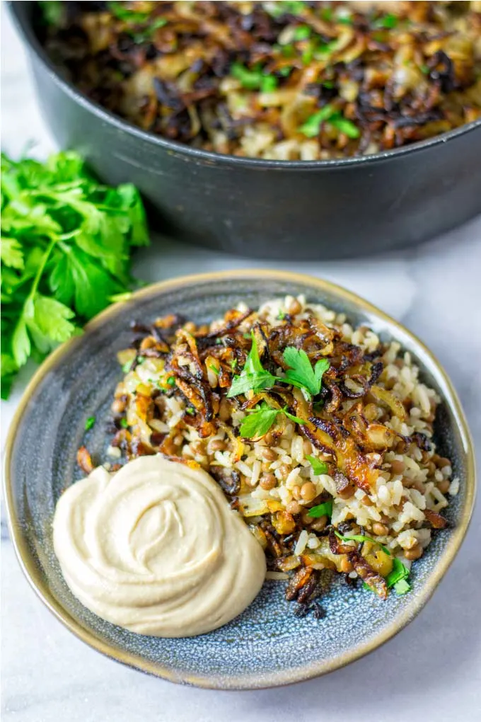 Single portion of the Lebanese Lentils and Rice with a big spoon of hummus.