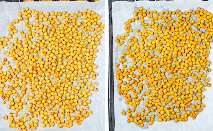 Chickpeas on a baking sheet before and after roasting.