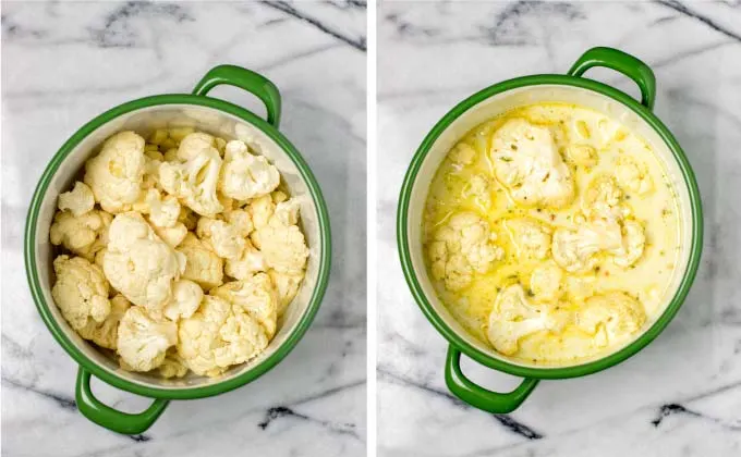 First step by step guide: cooking the cauliflower in vegetable broth and plant milk.