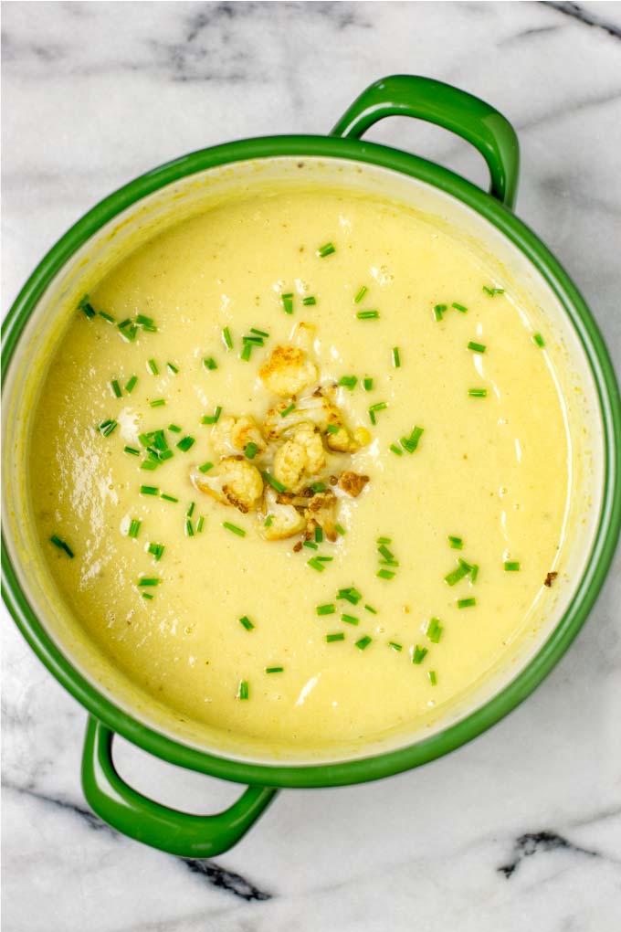 Top view into a large pot with the Cauliflower Soup.