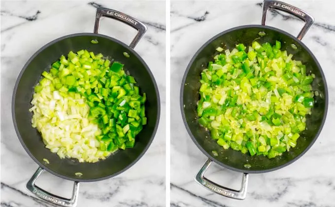 Holy trinity of onion, green pepper, and celery is prepared first.